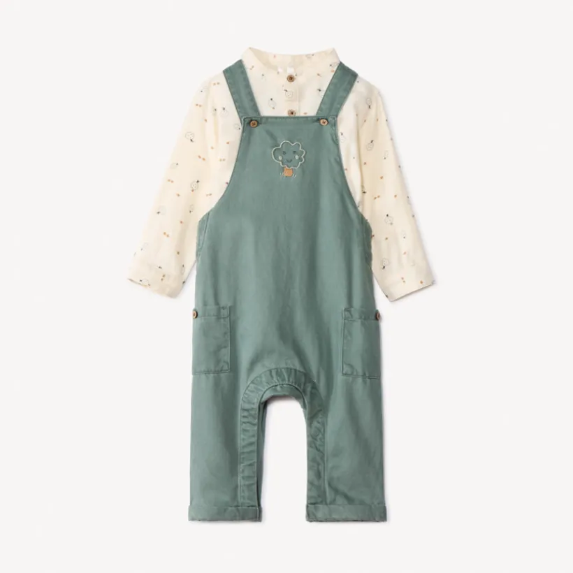 Lang tweedelig set met lange salopette en bedrukte hemd voor babyjongen