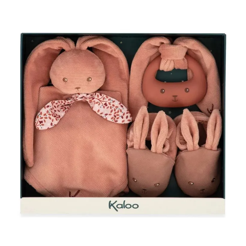 Lapinoo geboortegeschenkset terracotta met knuffeldoekje, bijtring en pantoffels