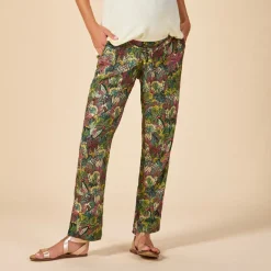 Losse en vloeibare broek met strikceintuur met bladerenprint voor vrouwen