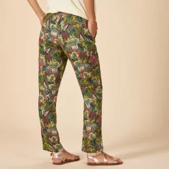 Losse en vloeibare broek met strikceintuur met bladerenprint voor vrouwen