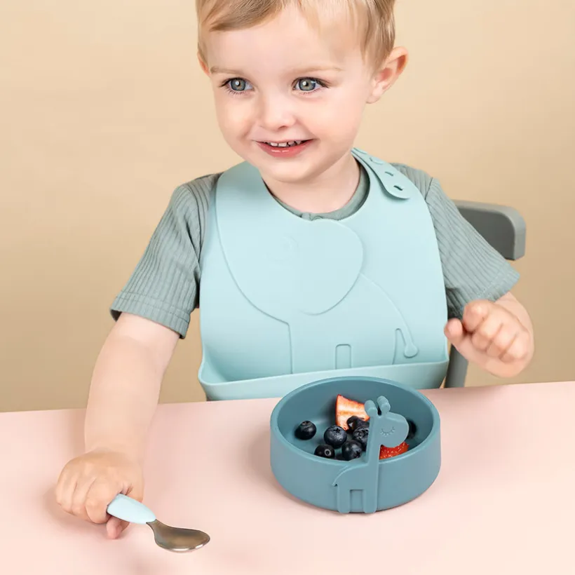 Maaltijdset Deer Friends met slabbetje, kom en siliconen lepel – blauw