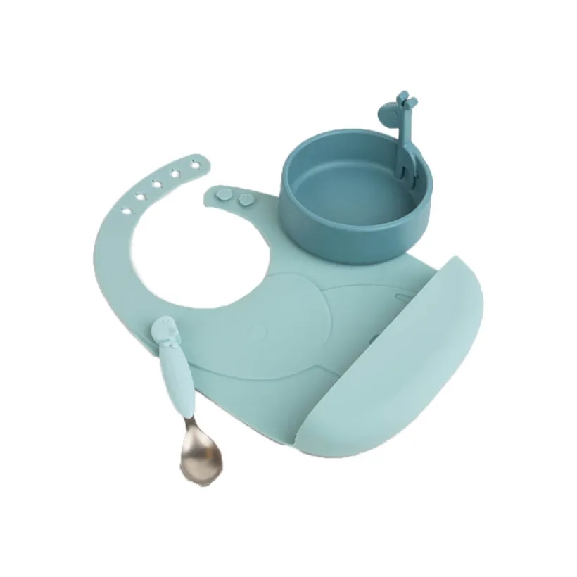 Maaltijdset Deer Friends met slabbetje, kom en siliconen lepel – blauw