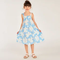 Meisjesjurk met bloemenprint van seersucker met spaghettibandjes