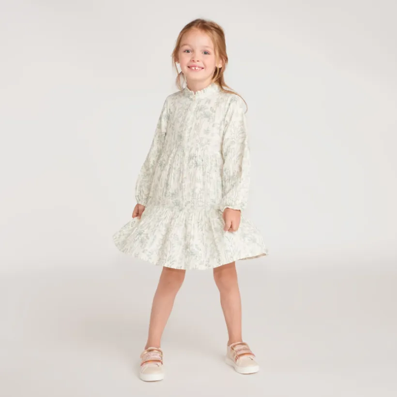 Meisjesjurk met lange mouwen, bedrukt met bloemen en vlinders