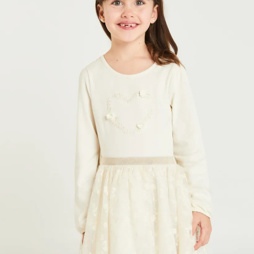 Meisjesjurk met lange mouwen en geborduurd tulle-effect 2-in-1.