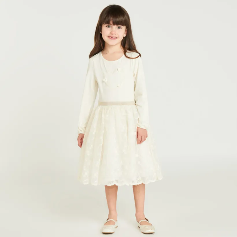Meisjesjurk met lange mouwen en geborduurd tulle-effect 2-in-1.