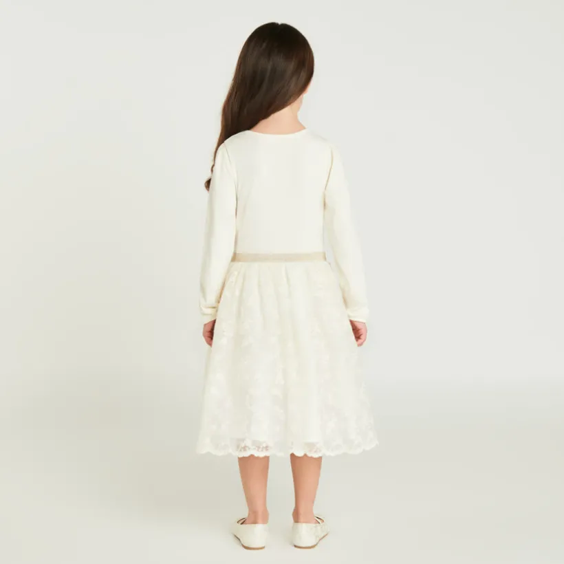 Meisjesjurk met lange mouwen en geborduurd tulle-effect 2-in-1.