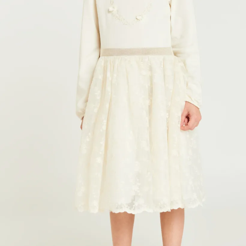 Meisjesjurk met lange mouwen en geborduurd tulle-effect 2-in-1.