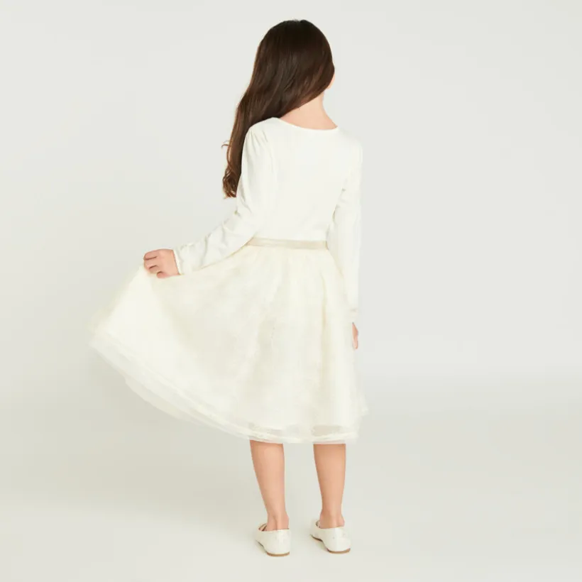 Meisjesjurk met lange mouwen en 2-in-1 tulle geborduurd effect.