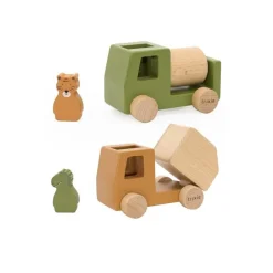 Miniatuur houten werfvoertuigen met dierenfiguren
