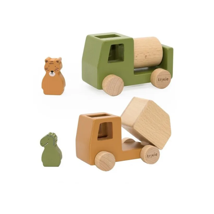 Miniatuur houten werfvoertuigen met dierenfiguren