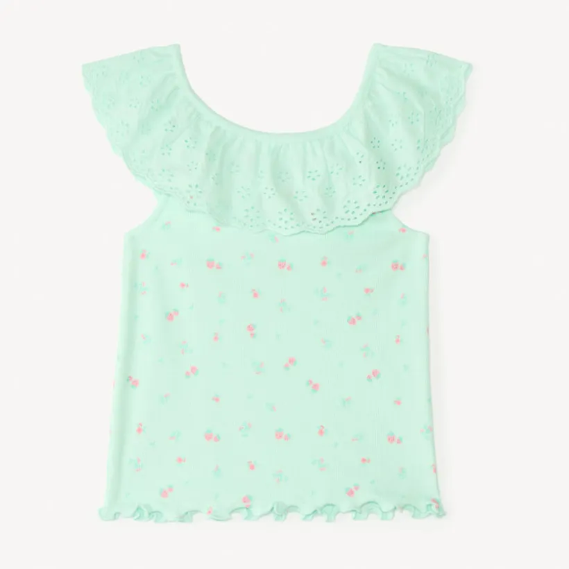 Mouwloos shirt met ruches in Engelse borduur en aardbeienprint voor meisjesbaby.