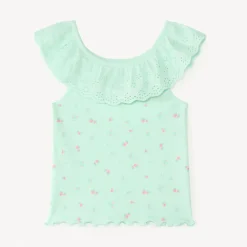 Mouwloos shirt met ruches in Engelse borduur en aardbeienprint voor meisjesbaby.