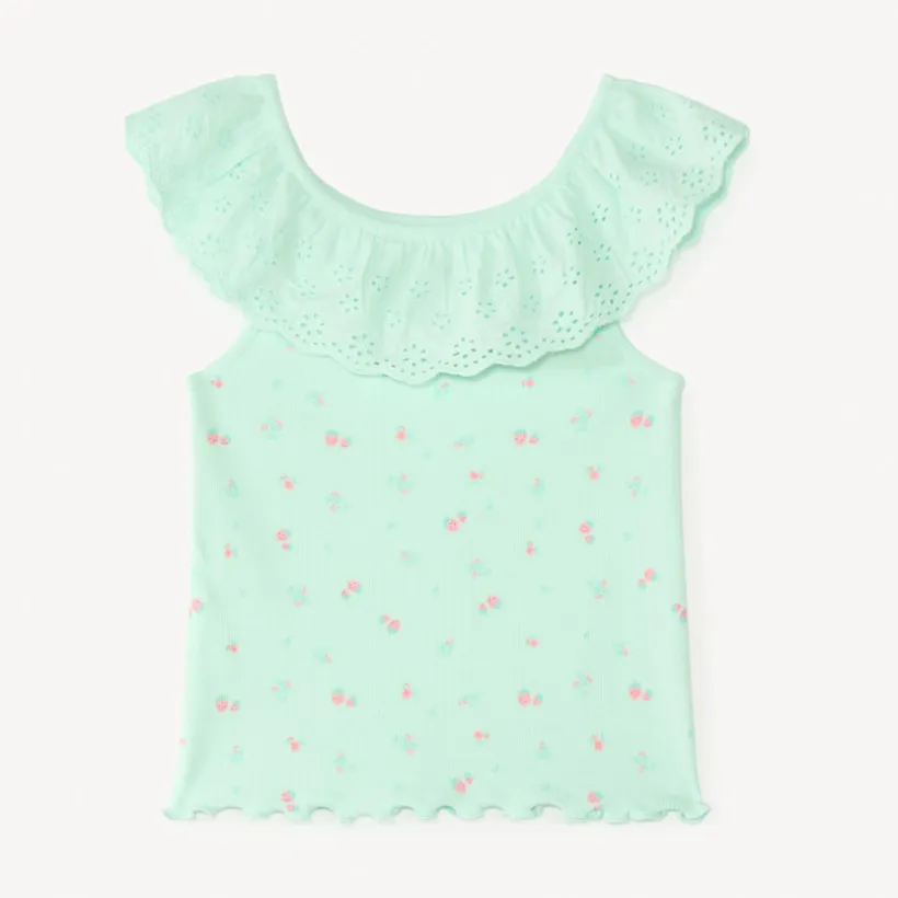 Mouwloos shirt met ruches in Engelse borduur en aardbeienprint voor meisjesbaby.
