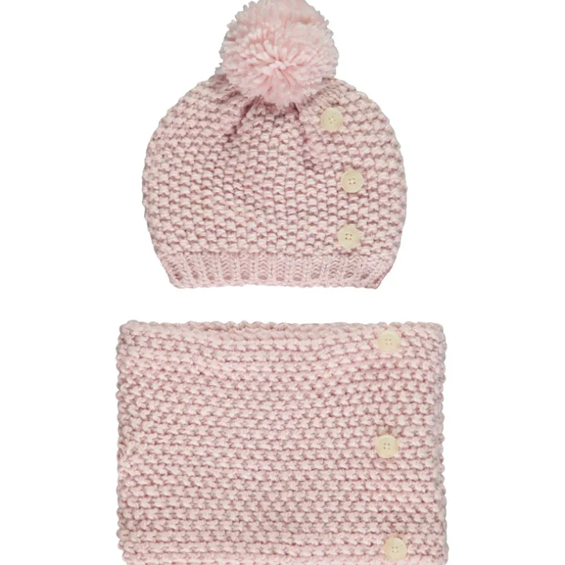 Muts en snood in gebreide tarwekorrelsteek met gouden lurex meisjes