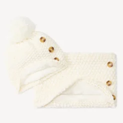 Muts en snood in gebreide tarwekorrelsteek met gouden lurex meisjes