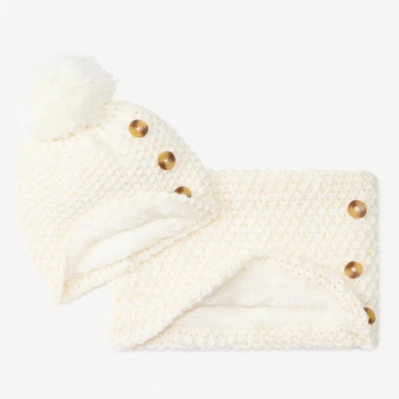 Muts en snood in gebreide tarwekorrelsteek met gouden lurex meisjes