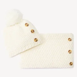 Muts en snood in gebreide tarwekorrelsteek met gouden lurex meisjes