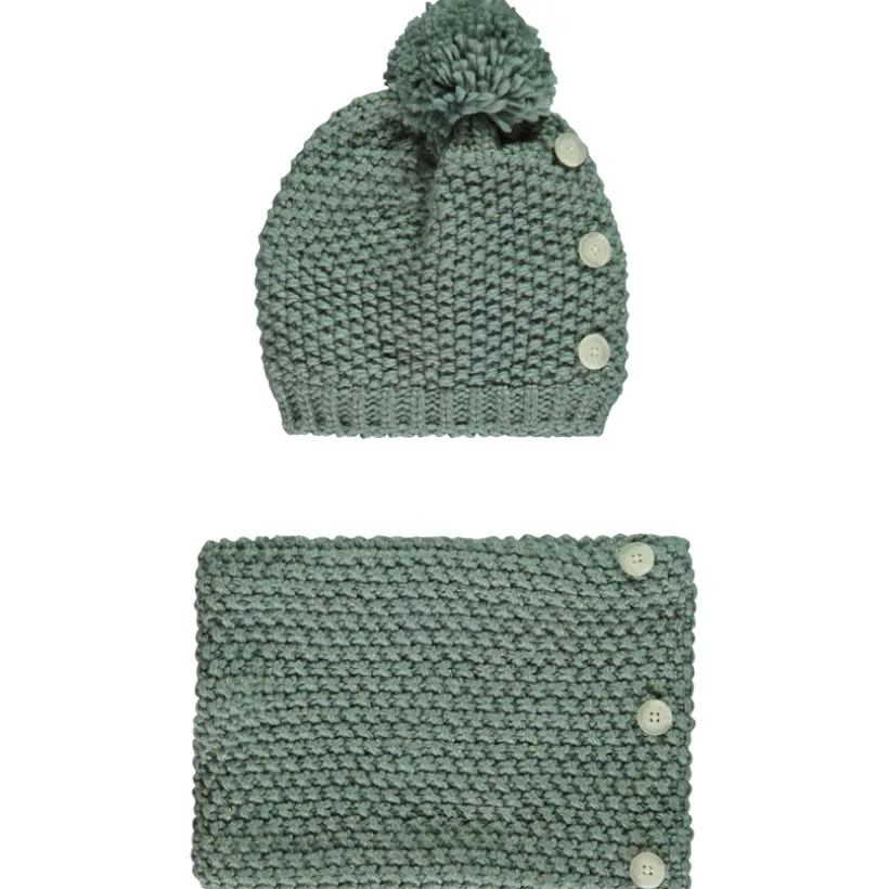 Muts en snood in gebreide tarwekorrelsteek met gouden lurex meisjes