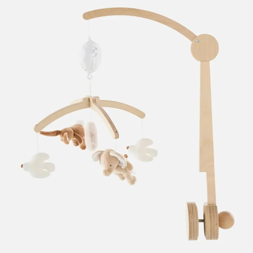 muzikale mobiel in hout met arm Bali, Moka & Snow, opwindmechanisme en Brahms wiegelied