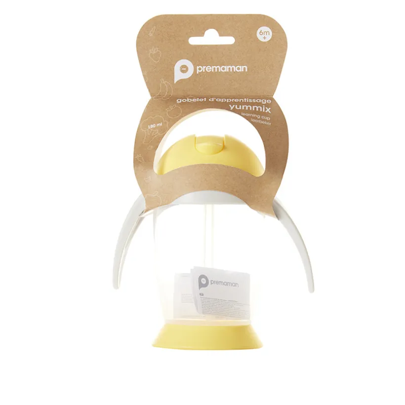 Oefenbeker met rietje en handvatten 300 ml geel/grijs
