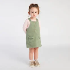 Overgooierjurk in kaki denim met zakken meisjes