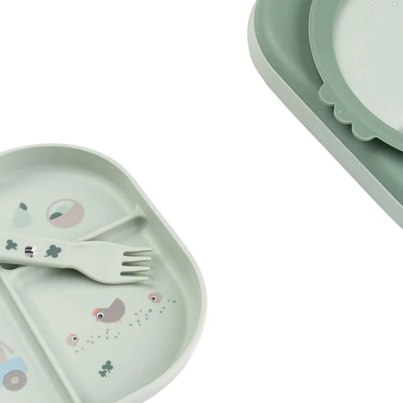 Pack besteksetje eerste maaltijd Tiny Farm Foodie groen met koe- en varkensprint