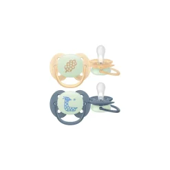 Pack van 2 ultra zachte siliconen nacht fopspeen 6-18M - Perzik/blauw