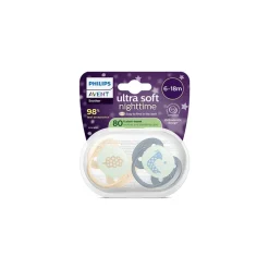 Pack van 2 ultra zachte siliconen nacht fopspeen 6-18M - Perzik/blauw