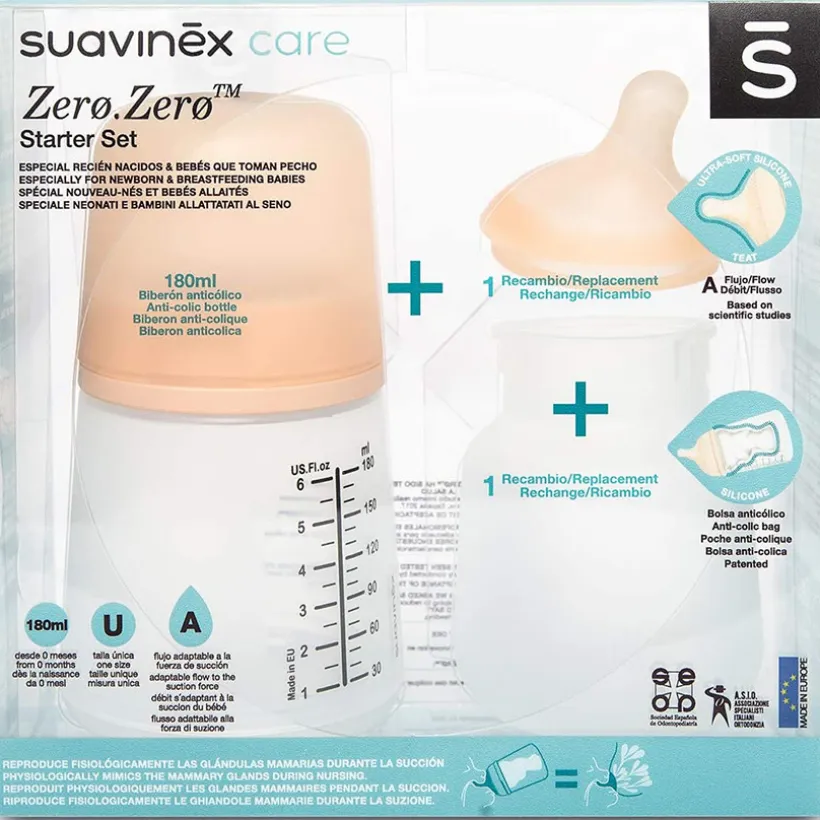 Pack zuigfles Zero.Zero speciaal voor borstvoeding 180 ml roos