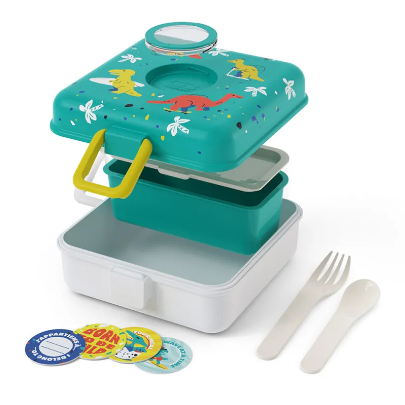 Personaliseerbare lunchbox 850ml Snacky met bestek Dino