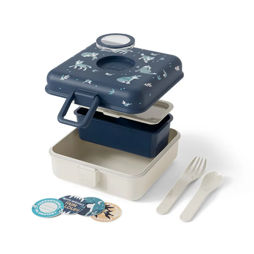 Personaliseerbare lunchbox 850ml Snacky met bestek Wolf Blauw