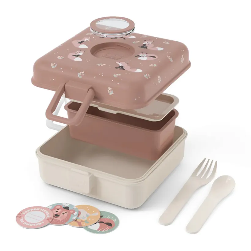 Personaliseerbare lunchbox 850ml Snacky met bestek Fox