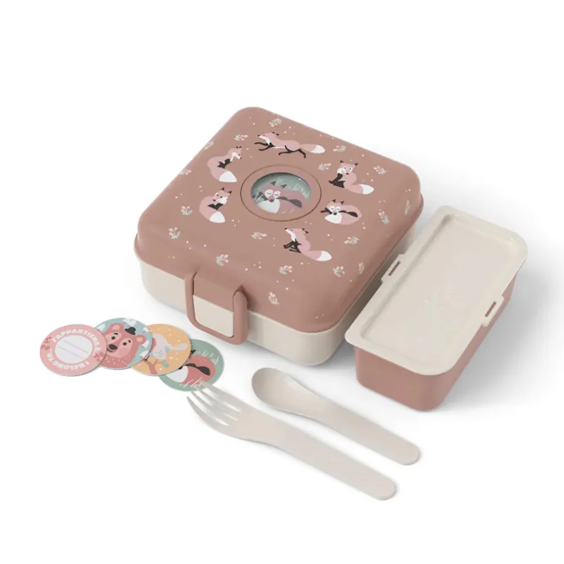 Personaliseerbare lunchbox 850ml Snacky met bestek Fox