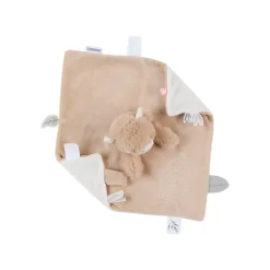 platte knuffeldoek Fluffy Highland koe in fluweel beige met velcro fopspeenclip en handpopfunctie