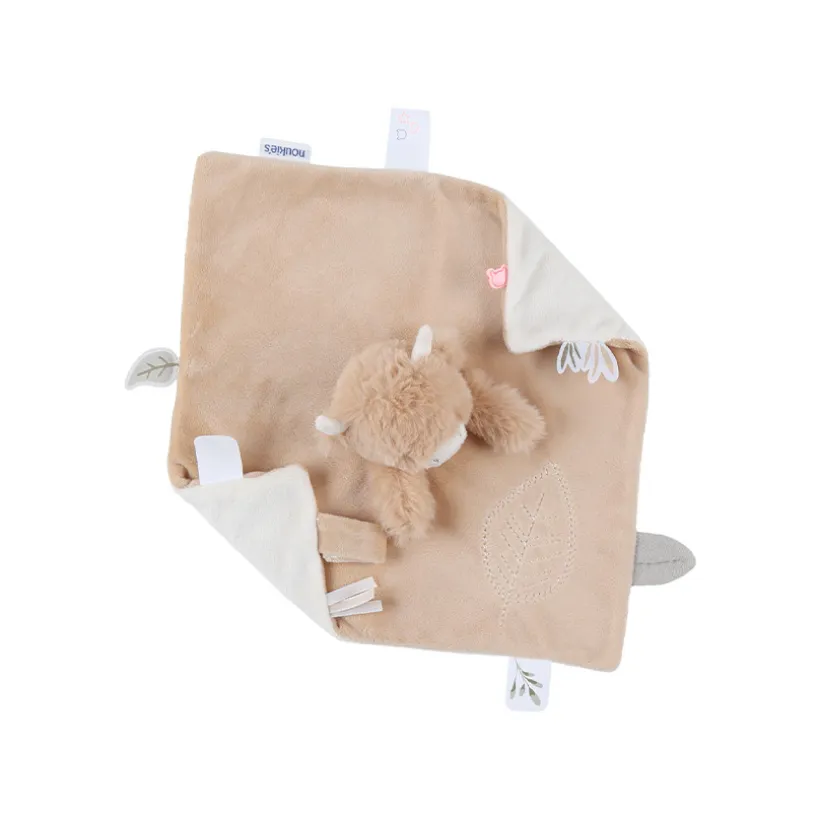 platte knuffeldoek Fluffy Highland koe in fluweel beige met velcro fopspeenclip en handpopfunctie