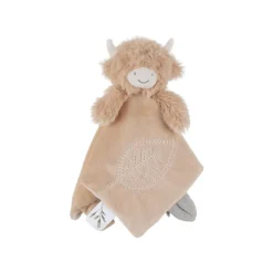 platte knuffeldoek Fluffy Highland koe in fluweel beige met velcro fopspeenclip en handpopfunctie