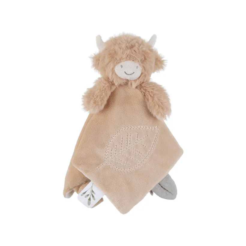 platte knuffeldoek Fluffy Highland koe in fluweel beige met velcro fopspeenclip en handpopfunctie