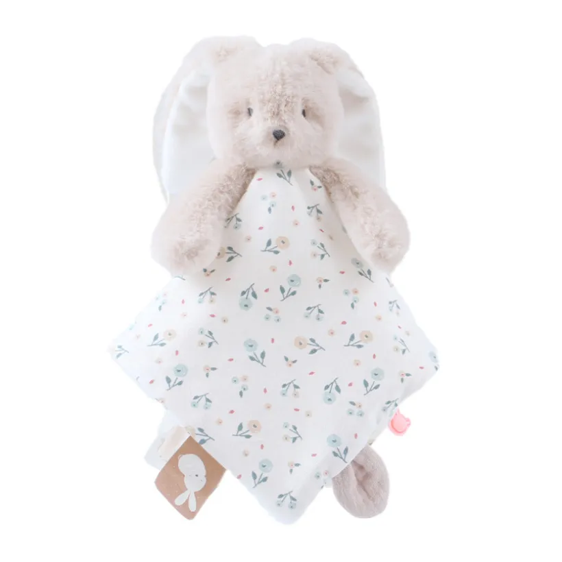 platte knuffeldoek Romy de konijn met velcrosluiting en vingerpop van fluweel