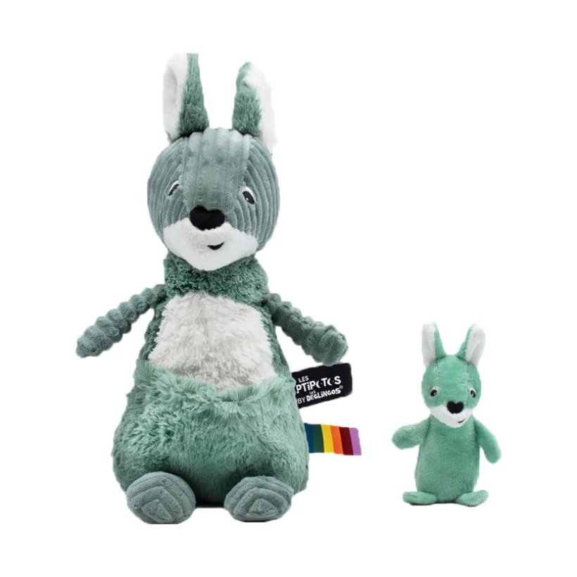 Ptipotos pluche set groen kangoeroe mama en baby ribfluweel
