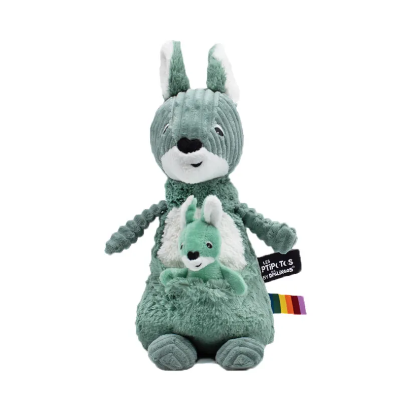 Ptipotos pluche set groen kangoeroe mama en baby ribfluweel