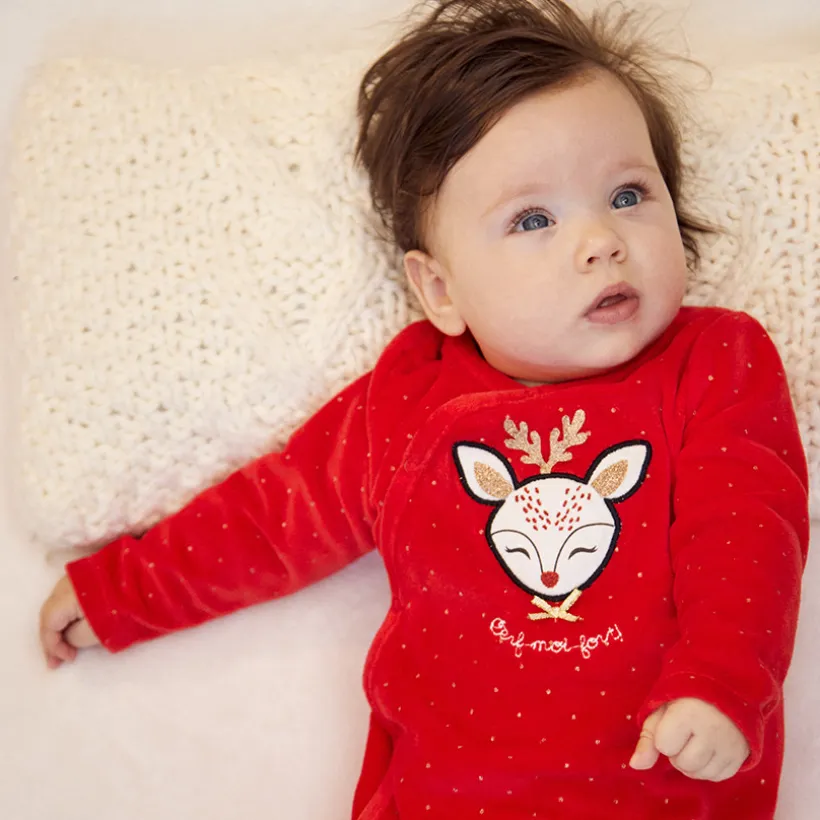 Pyjama in fluweel met geborduurde hertenpatch en glanzende stippenprint meisjes