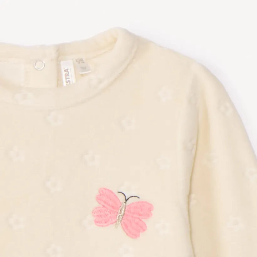 Pyjama in fluweel met verbrand bloemmotief en konijnpatroon voor babymeisje, met verschillende drukknopopeningen naargelang de leeftijd