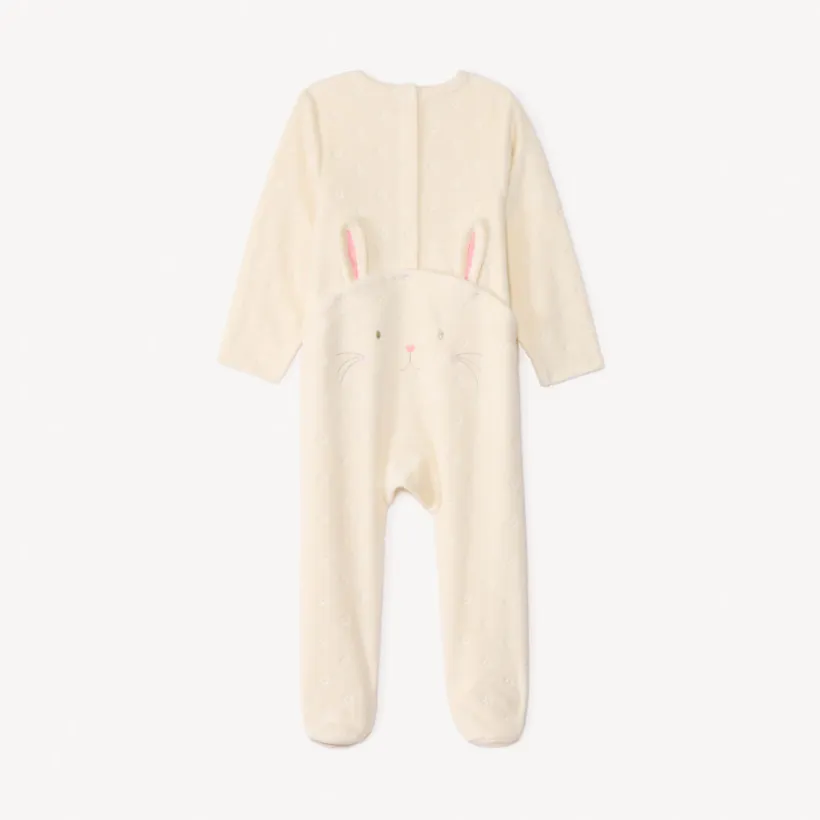 Pyjama in fluweel met verbrand bloemmotief en konijnpatroon voor babymeisje, met verschillende drukknopopeningen naargelang de leeftijd