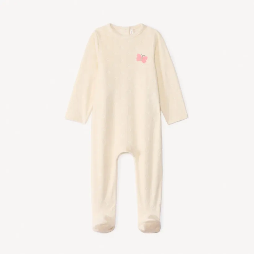 Pyjama in fluweel met verbrand bloemmotief en konijnpatroon voor babymeisje, met verschillende drukknopopeningen naargelang de leeftijd