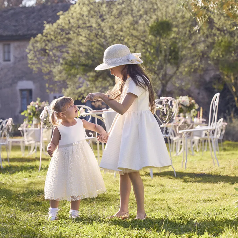 Robe de cérémonie manches courtes en jacquard fleuri fille
