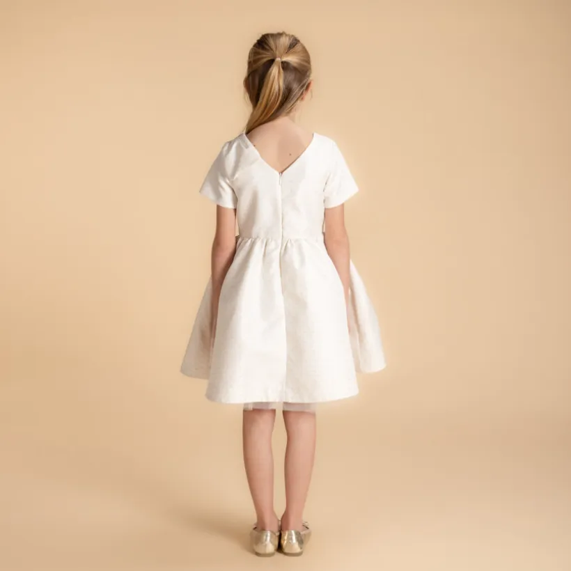 Robe de cérémonie manches courtes en jacquard fleuri fille