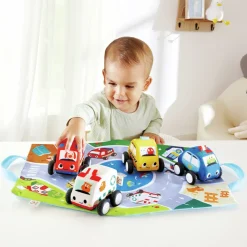 Set de 4 voitures à rétrofriction en tissu avec circuit