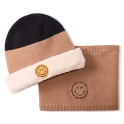 Set gebreide muts en snood SmileyWorld jongens chocolade met microfleece voering