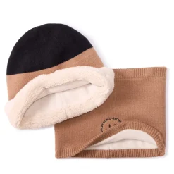 Set gebreide muts en snood SmileyWorld jongens chocolade met microfleece voering